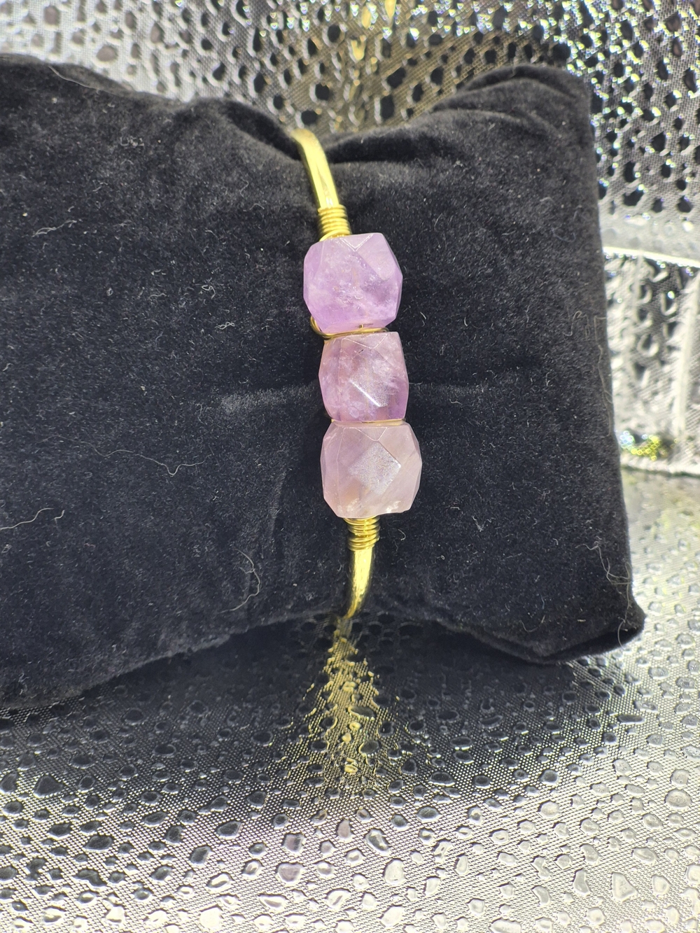 Gold Bangle Bracelet with Genuine African Purple Amethyst Beads